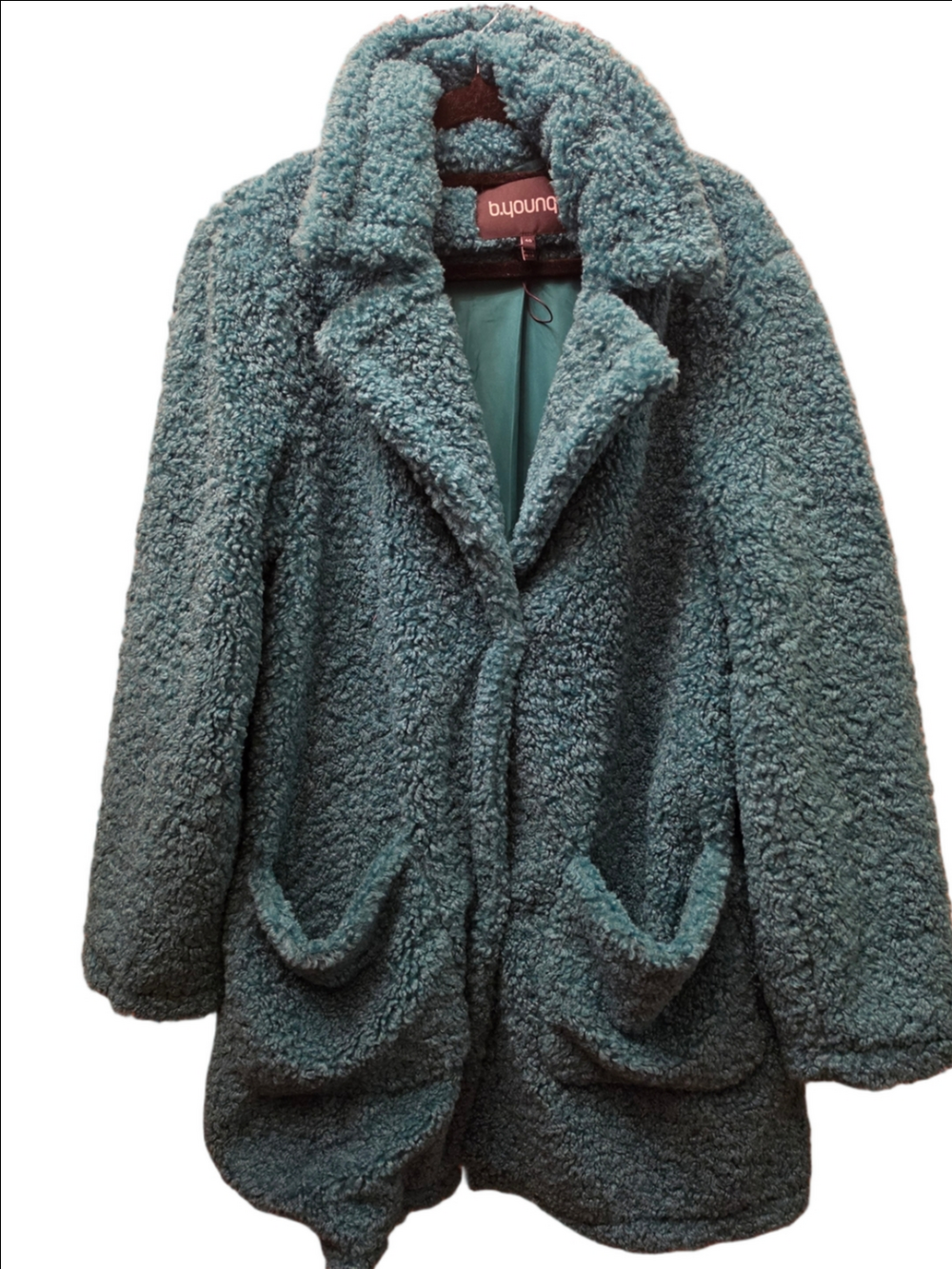 b.young Turquoise Teddy Coat Size 40 Bouclé Sherpa Oversized Jacket